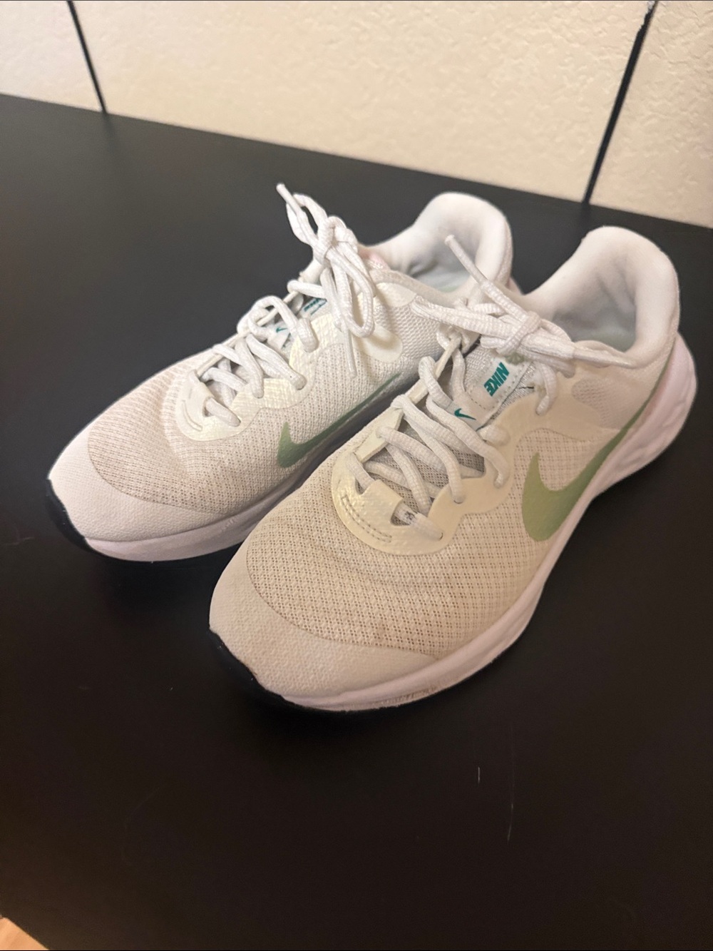 Nike Kids White Sneakers with Mint Green Swoosh